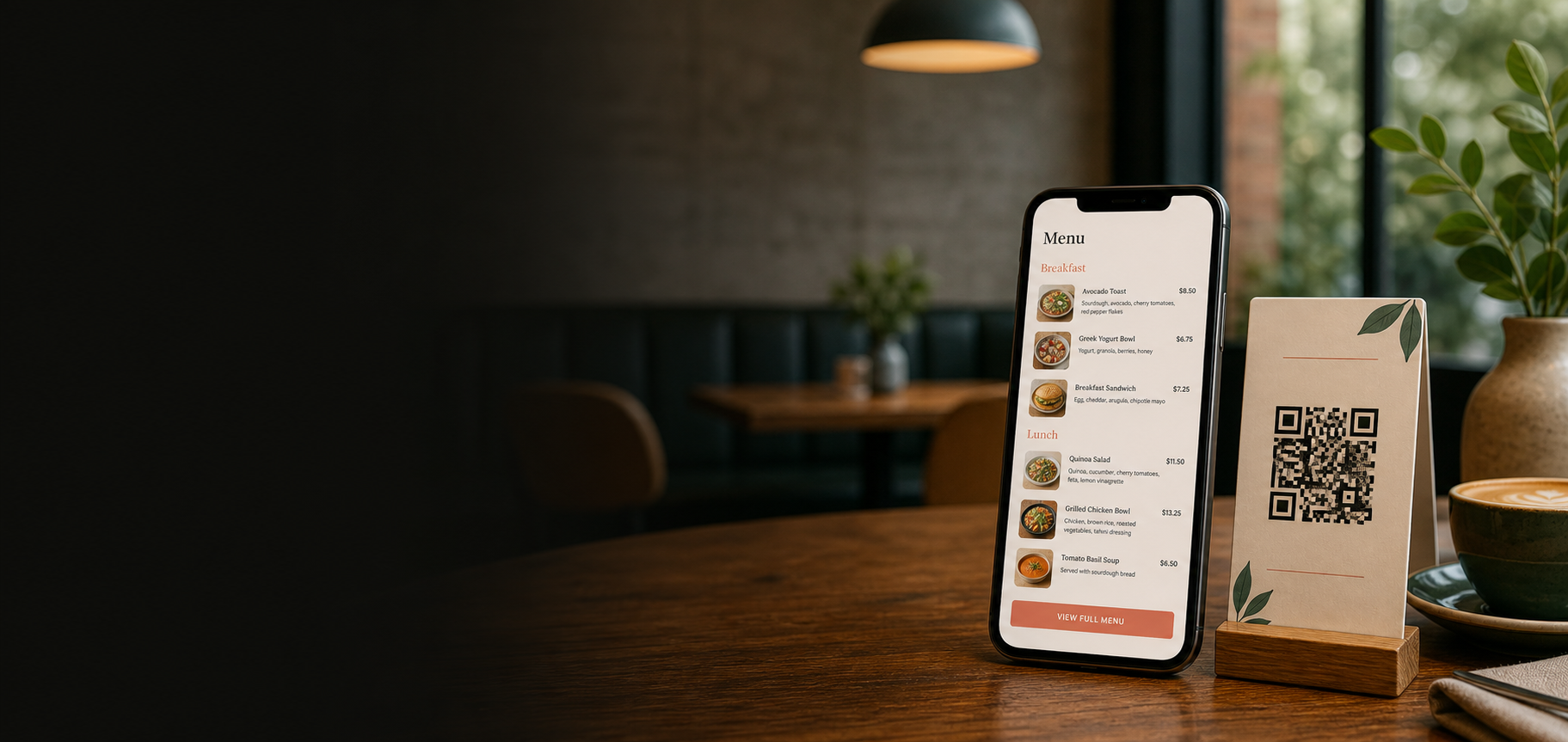 Cafe table with a digital menu and QR code stand